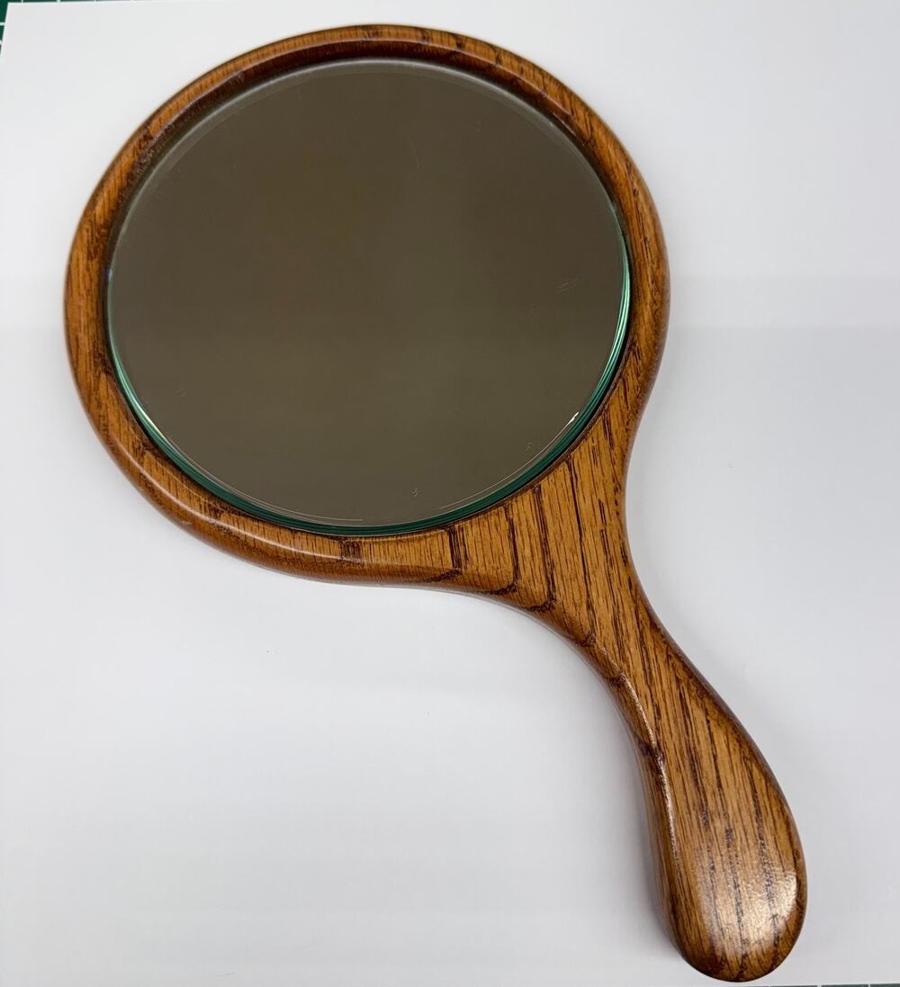 Vintage Solid Oak Wood Handheld Mirror Beveled Glass Round Hand Mirror Vanity 12